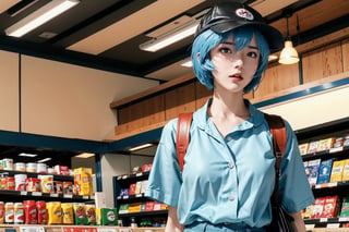 (masterpiece, 4k, best quality), anime, ayanamirei, 1girl, buttoned shirt, shorts, baseball cap, leather bag, small breasts, red eyes, short hair, light blue hair, standing, calm face, inside a grocery store, indoors, detailed