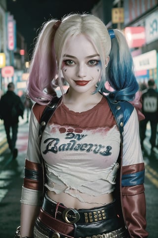 RAW photo, a photo of 25 y.o woman,  harleyquinn, japanese themed outfit, future city street, (high detailed skin:1.2), 8k uhd, dslr, soft lighting, high quality, film grain, Fujifilm XT3   ,harleyquinn, smiling,full_body,perfect,hand