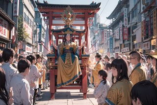 The Guardian Deity of Taiwan's Seas, Mazu, overseeing a bustling marketplace, seated within a magnificent pink sedan chair draped with curtains on all sides, carried by five devotees adorned in golden uniforms with golden hats and red-trimmed edges, parading through a crowd of spectators amidst the crackle of firecrackers, with devotees bowing in reverence, depicted in the fortunate golden tones of luck, presented in stunning 4K ultra-realism, in the artistic style of the Northern Song Dynasty, a masterful portrayal capturing the spiritual essence and cultural significance of Mazu as the protector of Taiwan's maritime heritage.
