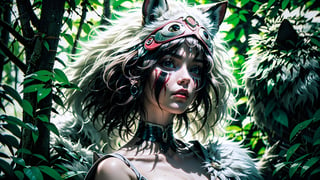 1girl, solo, portrait of beautiful princessmononoke in jungle with a giant white wolf, wolf fur clothing, fierce eyes, details, realistic, photography, blurry background, softfocus, Dreamwave, insane details 