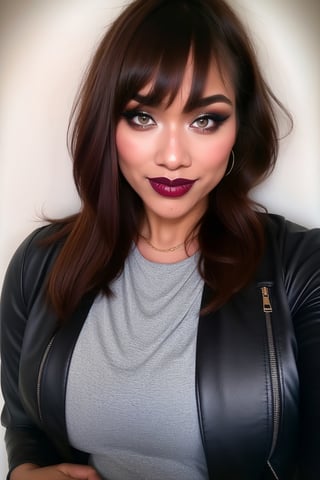 beautiful detailed eyes, sexy supermodel detailed makeup, dark lips, kairi sane hairstyle, black eyeshadows, flirty look, tight jeans, denim jacket, Cardi B