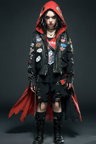 A punk rock version of Snow White, dressed in a rebellious fusion of avant-garde fashions.
(standing: 1.2), red cape with hood and ripped mesh details, adorned with punk-inspired patches and brooches. Septum earrings, more calls, tattered dreadlocks, more patches, dirty, torn, anti-union spiked leather jackets, hardcore punk style jackets, punk badges, combat boots tied to legs, Rebellin, Dal, Emo orange, ct- niji2,dal