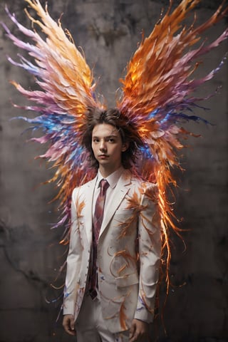 Create an image of a young man wearing a suit, featuring vibrant, thunder wings extending from his back. Random movement The background should be plain white, emphasizing the contrast and detailing of the beauty wings and the sharpness of the suit. The man should appear poised and elegant, with the wings unfurled to showcase a spectrum of vivid hues, blending seamlessly from one color to another. The focus should be on the meticulous details of the wings’ feathers and the suit’s fabric, capturing a harmonious blend of natural and refined elements, wings,Stylish, close up,l3min,xxmixgirl,fire element,wings,ice and water,composed of elements of thunder,thunder,electricity