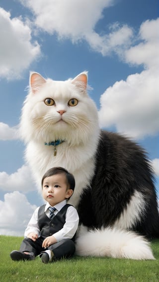 A black and white cat with fluffy fur is sitting on the grass, and in front of it sits an Asian babyboy wearing fashion suits. The sky above them has blue clouds, creating a realistic photo style. This scene was captured in the style of Hayao Miyazaki using high definition photography technology. It features a cute giant furry animal character, with detailed details that make people fall under its gaze