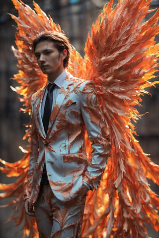 Create an image of a young man wearing a suit, featuring vibrant, black wings extending from his back. Random movement The background should be plain white, emphasizing the contrast and detailing of the beauty wings and the sharpness of the suit. The man should appear poised and elegant, with the wings unfurled to showcase a spectrum of vivid hues, blending seamlessly from one color to another. The focus should be on the meticulous details of the wings’ feathers and the suit’s fabric, capturing a harmonious blend of natural and refined elements, wings,Stylish, close up,l3min,xxmixgirl,fire element,wings