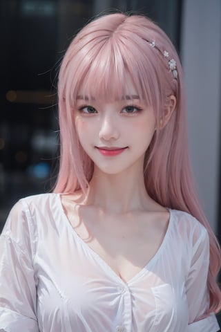 Photorealistic, beautiful, Masterpiece, HD, ultra detail eyes, 1girl,
(Pastel pink hair:1.2), 
(long hair:1.2), medium breasts, smile, (white business nylon shirt:1.2)