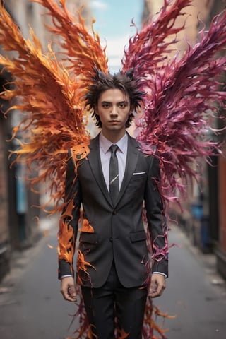 Create an image of a young man wearing a suit, featuring vibrant, black wings extending from his back. Random movement The background should be plain white, emphasizing the contrast and detailing of the beauty wings and the sharpness of the suit. The man should appear poised and elegant, with the wings unfurled to showcase a spectrum of vivid hues, blending seamlessly from one color to another. The focus should be on the meticulous details of the wings’ feathers and the suit’s fabric, capturing a harmonious blend of natural and refined elements, wings,Stylish, close up,l3min,xxmixgirl,fire element,wings