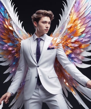 Create an image of a young man wearing a suit, featuring vibrant, crystal giant wings extending from his back. Random movement The background should be plain white, emphasizing the contrast and detailing of the beauty wings and the sharpness of the suit. The man should appear poised and elegant, with the wings unfurled to showcase a spectrum of vivid hues, blending seamlessly from one color to another. In style of chibi. The focus should be on the meticulous details of the wings’ feathers and the suit’s fabric, capturing a harmonious blend of natural and refined elements, wings,Stylish,ink ,3D MODEL