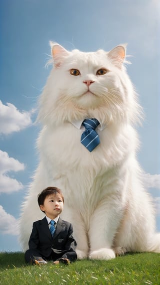 Realistic photo of a huge longhaired white cat with brown eyes sitting on the grass in front of a little shot haircut Asian boy wearing a suit and tie. The photo has a blue sky background with clouds and uses natural light, with super detailed photography in the style of movie lighting effects and bright colors. It is a full body portrait