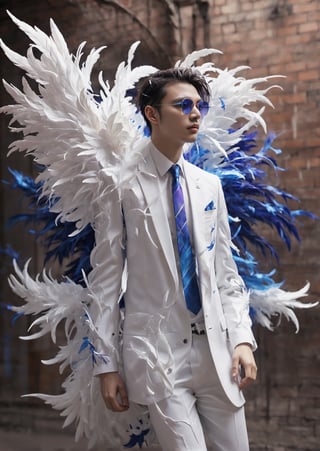 Create an image of a young man wearing a suit, featuring vibrant, dark and blue wings extending from his back. Random movement The background should be plain white, emphasizing the contrast and detailing of the beauty wings and the sharpness of the suit. The man should appear poised and elegant, with the wings unfurled to showcase a spectrum of vivid hues, blending seamlessly from one color to another. The focus should be on the meticulous details of the wings’ feathers and the suit’s fabric, capturing a harmonious blend of natural and refined elements, wings,Stylish, close up,l3min,xxmixgirl