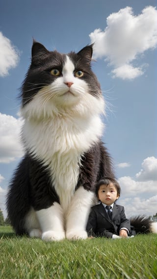 A black and white cat with fluffy fur is sitting on the grass, and in front of it sits an Asian babyboy wearing fashion suits. The sky above them has blue clouds, creating a realistic photo style. This scene was captured in the style of Hayao Miyazaki using high definition photography technology. It features a cute giant furry animal character, with detailed details that make people fall under its gaze