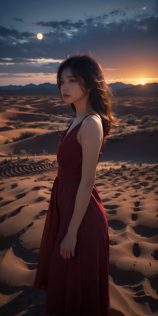 Desert Solitude: Imagine a woman in a flowing red dress, standing atop a sand dune overlooking a vast desert landscape. The sun dips below the horizon, casting long shadows and painting the sky in fiery hues. The silence is broken only by the whisper of wind, and the woman's expression is one of quiet contemplation amidst the stark beauty of nature's harshest embrace.