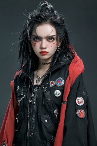 A punk rock version of Snow White, dressed in a rebellious fusion of avant-garde fashions.
(standing: 1.2), red cape with hood and ripped mesh details, adorned with punk-inspired patches and brooches. Septum earrings, more calls, tattered dreadlocks, more patches, dirty, torn, anti-union spiked leather jackets, hardcore punk style jackets, punk badges, combat boots tied to legs, Rebellin, Dal, Emo orange, ct- niji2,dal