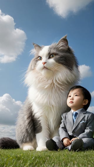 A black and white cat with fluffy fur is sitting on the grass, and in front of it sits an Asian babyboy wearing fashion suits. The sky above them has blue clouds, creating a realistic photo style. This scene was captured in the style of Hayao Miyazaki using high definition photography technology. It features a cute giant furry animal character, with detailed details that make people fall under its gaze