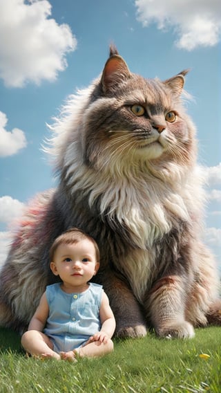 A multicolor giant cat with fluffy fur sitting on the grass, next to it sits an adorable babyboy (((looking at viewer))) . The blue sky has white clouds. In the style of hyper-realistic, high definition photography, movie stills, children's book illustrations, colorful animation stills, hyperrealistic details depict childlike innocence