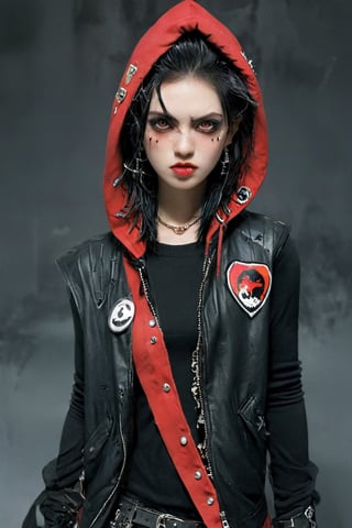 A punk rock version of Snow White, dressed in a rebellious fusion of avant-garde fashions.
(standing: 1.2), red cape with hood and ripped mesh details, adorned with punk-inspired patches and brooches. Septum earrings, more calls, tattered dreadlocks, more patches, dirty, torn, anti-union spiked leather jackets, hardcore punk style jackets, punk badges, combat boots tied to legs, Rebellin, Dal, Emo orange, ct- niji2,dal