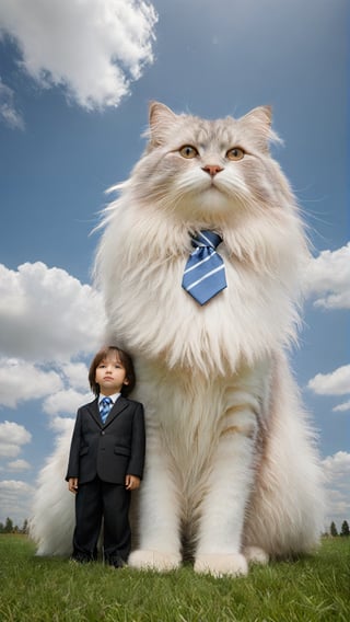 A cute little boy wearing a white vest and tie sitting on the back of an extremely large longhaired cat, standing in tall grass under a blue sky with clouds. The photo has the style of commercial photography, using real photos with super details, movie lighting effects, and natural light. It has fine gloss, depth of field, 3D rendering, high resolution and best quality, high definition