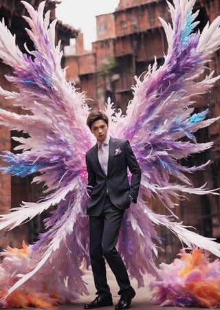 Create an image of a young man wearing a suit, featuring vibrant, crystal wings extending from his back. Random movement The background should be plain white, emphasizing the contrast and detailing of the beauty wings and the sharpness of the suit. The man should appear poised and elegant, with the wings unfurled to showcase a spectrum of vivid hues, blending seamlessly from one color to another. The focus should be on the meticulous details of the wings’ feathers and the suit’s fabric, capturing a harmonious blend of natural and refined elements, wings,Stylish, close up,l3min,xxmixgirl