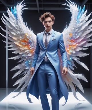 Create an image of a young man wearing a suit, featuring vibrant, crystal giant wings extending from his back. Random movement The background should be plain white, emphasizing the contrast and detailing of the beauty wings and the sharpness of the suit. The man should appear poised and elegant, with the wings unfurled to showcase a spectrum of vivid hues, blending seamlessly from one color to another. In style of chibi. The focus should be on the meticulous details of the wings’ feathers and the suit’s fabric, capturing a harmonious blend of natural and refined elements, wings,Stylish,ink ,3D MODEL