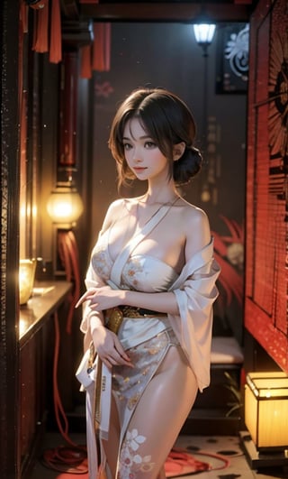 A serene Asian woman stands confidently in a dimly lit alleyway, her slender figure illuminated by the soft glow of lanterns overhead. She wears a traditional kimono with vibrant colors and intricate designs, its flowing fabric rustling softly as she poses, one hand resting on her hip, the other holding a delicate fans. Hottest Queen, ,nhaythoaty