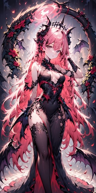 Generate hyper realistic image of a demonic enchantress with long, flowing pink hair adorned by a dark flower hair ornament. Her eyes, infused with infernal energy, peer hauntingly at the viewer. Large demonic wings, feathered and imposing, extend from her back. Horns crown her head, complementing the intricate tattoo on her chest. Dressed in a seductive corset, the demon exudes an aura of dark allure, blending the beauty of flowers with the menace of the underworld.