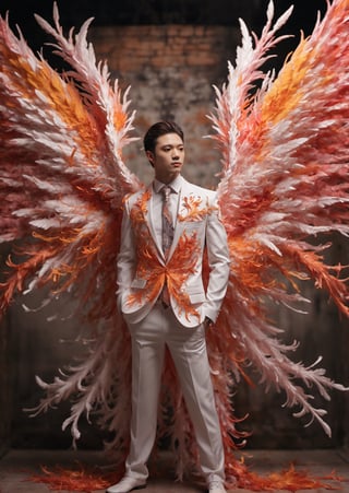 Create an image of a young man wearing a suit, featuring vibrant, fire and crystal wings extending from his back. Random movement The background should be plain white, emphasizing the contrast and detailing of the beauty wings and the sharpness of the suit. The man should appear poised and elegant, with the wings unfurled to showcase a spectrum of vivid hues, blending seamlessly from one color to another. The focus should be on the meticulous details of the wings’ feathers and the suit’s fabric, capturing a harmonious blend of natural and refined elements, wings,Stylish, close up,l3min,xxmixgirl