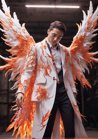 Create an image of a young man wearing a suit, featuring vibrant, fire and crystal wings extending from his back. Random movement The background should be plain white, emphasizing the contrast and detailing of the beauty wings and the sharpness of the suit. The man should appear poised and elegant, with the wings unfurled to showcase a spectrum of vivid hues, blending seamlessly from one color to another. The focus should be on the meticulous details of the wings’ feathers and the suit’s fabric, capturing a harmonious blend of natural and refined elements, wings,Stylish, close up,l3min,xxmixgirl