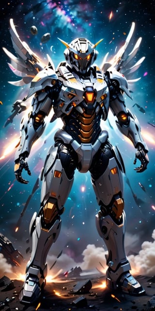 Futuristic power armor (robot) with mecha theme, metallic wing-like ion jetpack booster, spooky robot, floating in outer space galaxy, dynamic pose, armored cape, armor pants 