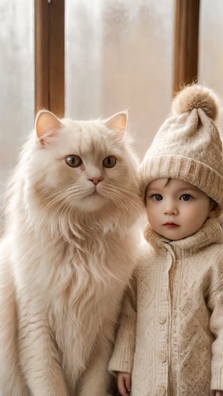 A fluffy white cat with long hair and soft fur, wearing an elegant beige outfit, stands beside the babyboy in his cute winter hat. The background is adorned with light brown decorations. Captured using a Canon EOS R5 camera with a macro lens in natural daylight streaming through large windows. High resolution, hyperrealistic, intricate details, warm tones. --style raw 