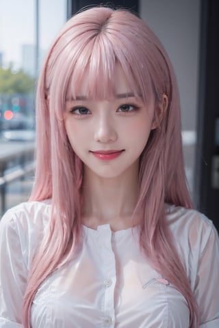 Photorealistic, beautiful, Masterpiece, HD, ultra detail eyes, 1girl,
(Pastel pink hair:1.2), 
(long hair:1.2), medium breasts, smile, (white business nylon shirt:1.2)