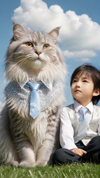 A cute silver longhaired cat, wearing white vest and tie, sitting on the grass with an Asian little boy in front of it. The background is blue sky and white clouds, with a dreamy atmosphere. High definition photography style, natural light, soft tones, medium focus lens, high resolution. A joyful expression,glitter