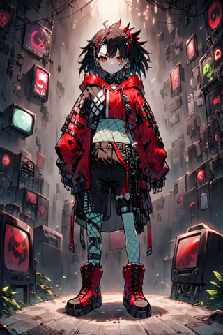 A punk rock version of Snow White, dressed in a rebellious fusion of avant-garde fashions.
(standing: 1.2), red cape with hood and ripped mesh details, adorned with punk-inspired patches and brooches. Septum earrings, more calls, tattered dreadlocks, more patches, dirty, torn, anti-union spiked leather jackets, hardcore punk style jackets, punk badges, combat boots tied to legs, Rebellin, Dal, Emo orange, ct- niji2,dal