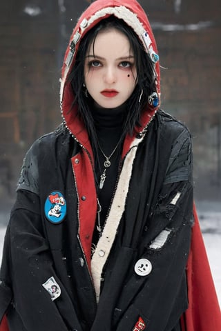 A punk rock version of Snow White, dressed in a rebellious fusion of avant-garde fashions.
(standing: 1.2), red cape with hood and ripped mesh details, adorned with punk-inspired patches and brooches. Septum earrings, more calls, tattered dreadlocks, more patches, dirty, torn, anti-union spiked leather jackets, hardcore punk style jackets, punk badges, combat boots tied to legs, Rebellin, Dal, Emo orange, ct- niji2,dal