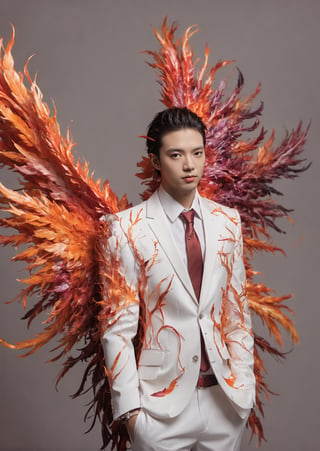 Create an image of a young man wearing a suit, featuring vibrant, fire and crystal wings extending from his back. Random movement The background should be plain white, emphasizing the contrast and detailing of the beauty wings and the sharpness of the suit. The man should appear poised and elegant, with the wings unfurled to showcase a spectrum of vivid hues, blending seamlessly from one color to another. The focus should be on the meticulous details of the wings’ feathers and the suit’s fabric, capturing a harmonious blend of natural and refined elements, wings,Stylish, close up,l3min,xxmixgirl