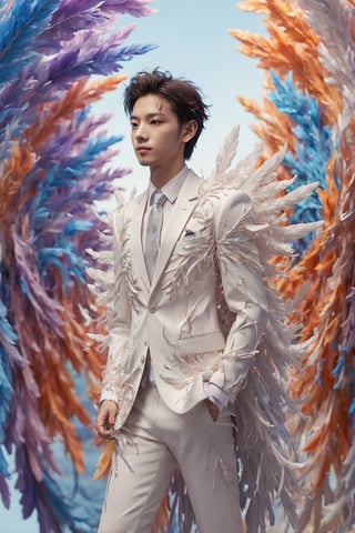 Create an image of a young man wearing a suit, featuring vibrant, ice and crystal wings extending from his back. Random movement The background should be plain white, emphasizing the contrast and detailing of the beauty wings and the sharpness of the suit. The man should appear poised and elegant, with the wings unfurled to showcase a spectrum of vivid hues, blending seamlessly from one color to another. The focus should be on the meticulous details of the wings’ feathers and the suit’s fabric, capturing a harmonious blend of natural and refined elements, wings,Stylish, close up,l3min,xxmixgirl,fire element,wings,ice and water,composed of elements of thunder,thunder,electricity,ice