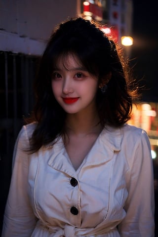 Best quality, masterpiece, ultra high res, (photorealistic:1.4), raw photo, big breasts, in the dark, deep shadow,1girl, korean, bright skin tone, upper body, slim petite body, small breast, volumetric lighting, medium messy hairstyle, beautiful bangs, hairpins, lipgloss, nose contour, light shade blush, cute smile, Trench coat, boots, city background, seductive pose,@imageized. 