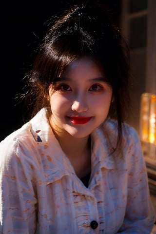 Best quality, masterpiece, ultra high res, (photorealistic:1.4), raw photo, big breasts, in the dark, deep shadow,1girl, korean, bright skin tone, upper body, slim petite body, small breast, volumetric lighting, medium messy hairstyle, beautiful bangs, hairpins, lipgloss, nose contour, light shade blush, cute smile, Trench coat, boots, city background, seductive pose,@imageized. 