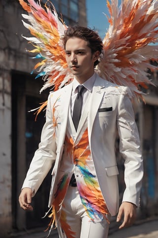 Create an image of a young man wearing a suit, featuring vibrant, white wings extending from his back. Random movement The background should be plain white, emphasizing the contrast and detailing of the beauty wings and the sharpness of the suit. The man should appear poised and elegant, with the wings unfurled to showcase a spectrum of vivid hues, blending seamlessly from one color to another. The focus should be on the meticulous details of the wings’ feathers and the suit’s fabric, capturing a harmonious blend of natural and refined elements, wings,Stylish, close up,l3min,xxmixgirl,fire element,wings