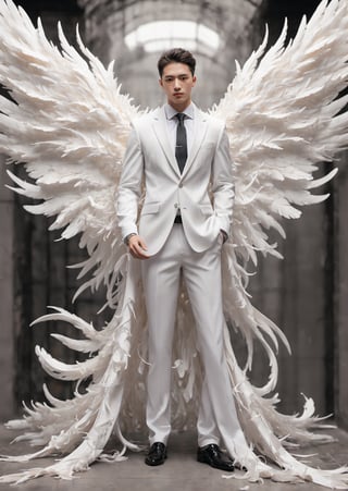 Create an image of a young man wearing a suit, featuring vibrant, white wings extending from his back. Random movement The background should be plain white, emphasizing the contrast and detailing of the beauty wings and the sharpness of the suit. The man should appear poised and elegant, with the wings unfurled to showcase a spectrum of vivid hues, blending seamlessly from one color to another. The focus should be on the meticulous details of the wings’ feathers and the suit’s fabric, capturing a harmonious blend of natural and refined elements, wings,Stylish, close up,l3min,xxmixgirl