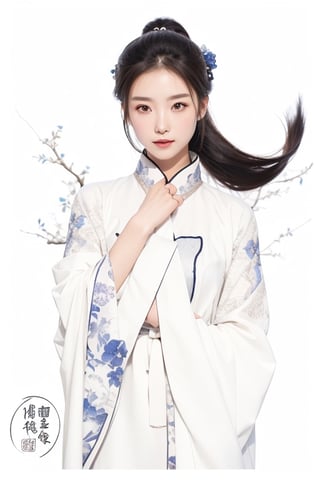 a young East Asian woman as a martial artist. She should be depicted with a poised and confident stance, embodying the strength and elegance of a warrior. Her hairstyle is a long, intricately braided ponytail, typical of historical Chinese heroines, adorned with classic silver hairpins and jade accessories. Her attire is a realistic and detailed hanfu, with flowing white and blue fabrics, decorated with embroidery that represents ancient Chinese symbolism, such as lotus flowers and Yin-Yang motifs. The fabric should have a texture that reflects the quality of silk brocade. The character should be accompanied by a creature resembling a mythical jade rabbit, reimagined to fit into the realistic setting. The background should be a tranquil scene with elements like a stone bridge over a koi pond, willow trees, and distant mountains shrouded in mist. Emphasize the 'guofeng' style in every aspect of the image, from the clothing patterns to the natural scenery, ensuring the final image resonates with the depth and beauty of traditional Chinese art.,girl