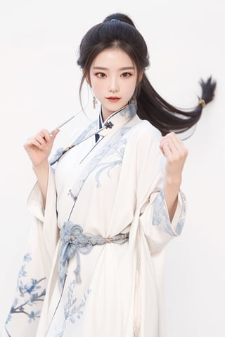 a young East Asian woman as a martial artist. She should be depicted with a poised and confident stance, embodying the strength and elegance of a warrior. Her hairstyle is a long, intricately braided ponytail, typical of historical Chinese heroines, adorned with classic silver hairpins and jade accessories. Her attire is a realistic and detailed hanfu, with flowing white and blue fabrics, decorated with embroidery that represents ancient Chinese symbolism, such as lotus flowers and Yin-Yang motifs. The fabric should have a texture that reflects the quality of silk brocade. The character should be accompanied by a creature resembling a mythical jade rabbit, reimagined to fit into the realistic setting. The background should be a tranquil scene with elements like a stone bridge over a koi pond, willow trees, and distant mountains shrouded in mist. Emphasize the 'guofeng' style in every aspect of the image, from the clothing patterns to the natural scenery, ensuring the final image resonates with the depth and beauty of traditional Chinese art.,girl
