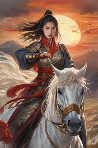 A young woman with fiery eyes and determined smile, dressed in a flowing warrior's robe, her hair braided back in a fierce warrior's knot. In one hand, she clutches a gleaming sword, while the other grasps the reins of a majestic white horse, charging across a battlefield under a dramatic sunset sky,LinkGirl,chinese ink drawing,Chinese_armor