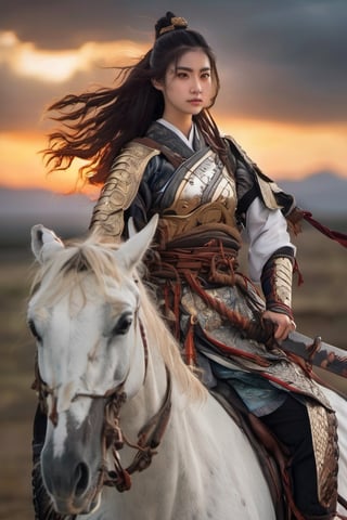 A young woman with fiery eyes and determined smile, dressed in a flowing warrior's robe, her hair braided back in a fierce warrior's knot. In one hand, she clutches a gleaming sword, while the other grasps the reins of a majestic white horse, charging across a battlefield under a dramatic sunset sky,LinkGirl,chinese ink drawing,Chinese_armor