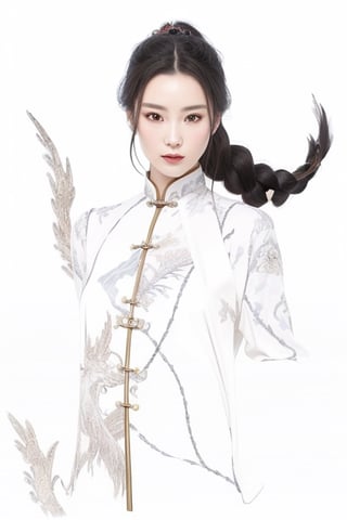 chinese style, realistic, black hair styled in an elaborate braid adorned with classical Chinese hair accessories, ancient Chinese warrior garments, elegantly designed with silk brocade patterns featuring dragons and phoenixes, a mythical creature companion by her side, reminiscent of a jade rabbit, interpreted in a way that blends seamlessly into the realistic setting