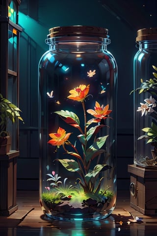 Art in glass, there are all kinds of flowers in the glass, no human beings, leaves, plants, flowers of various colors, a large number of glowing small light spots, still life, professional photography, ultra-high definition,