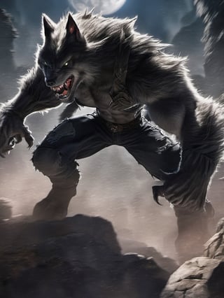 A werewolf, wearing jeans, stands tall in an abandoned haunted lost city, facing the enemy, attacking with claws, tearing, and the moonlight highlights your muscles and scars. The scenery is lush and mysterious, with a dark city and surrounding environment.,action shot
