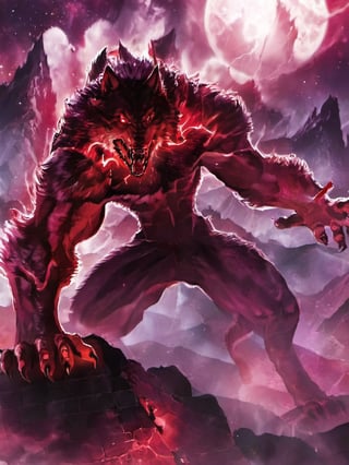 werewolf, shapeshifter, transforming, metamorphosis, dynamic pose, colorful, vivid colors, detailed, best quality, masterpiece, humanoid, evil, concept art, epic, furious, red eyes 