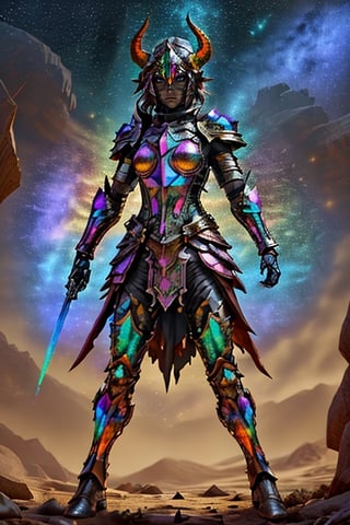 Female, full-body armor, head armor has no face, head armor has a pair of horns. In the rainbow starry sky, the armor emits a colorful metal glow.,starry