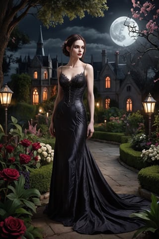 RAW photo
realistic texture, fine details, 
natural skin, realistic skin, wrinkles, vellus hair

In a gothic-inspired landscape, a sophisticated vampire with elongated features and an elegant gown tends to a lush, moonlit garden filled with exotic, night-blooming flowers and mysterious, shadowy creatures that thrive under the cover of darkness. The scene is bathed in soft, ethereal light, creating an enchanting atmosphere of tranquility and otherworldly beauty.