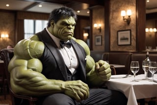 RAW photo
realistic texture, fine details, 
natural skin, realistic skin, wrinkles, vellus hair

A massive Incredible Hulk in a tuxedo at a fine-dining establishment. He is much too large for the small chair. 